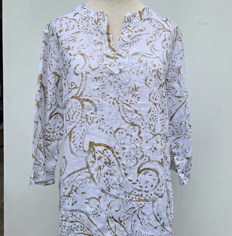 Lauren Ralph Lauren 100% Linen Paisley Gold & White Peasant Blouse Size-LP